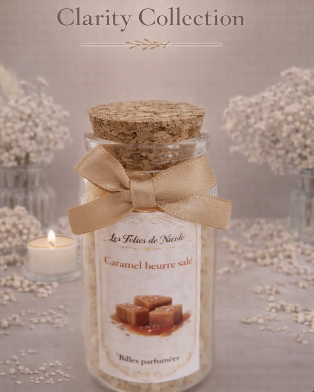 Billes parfumées en pot en verre – Caramel beurre salé