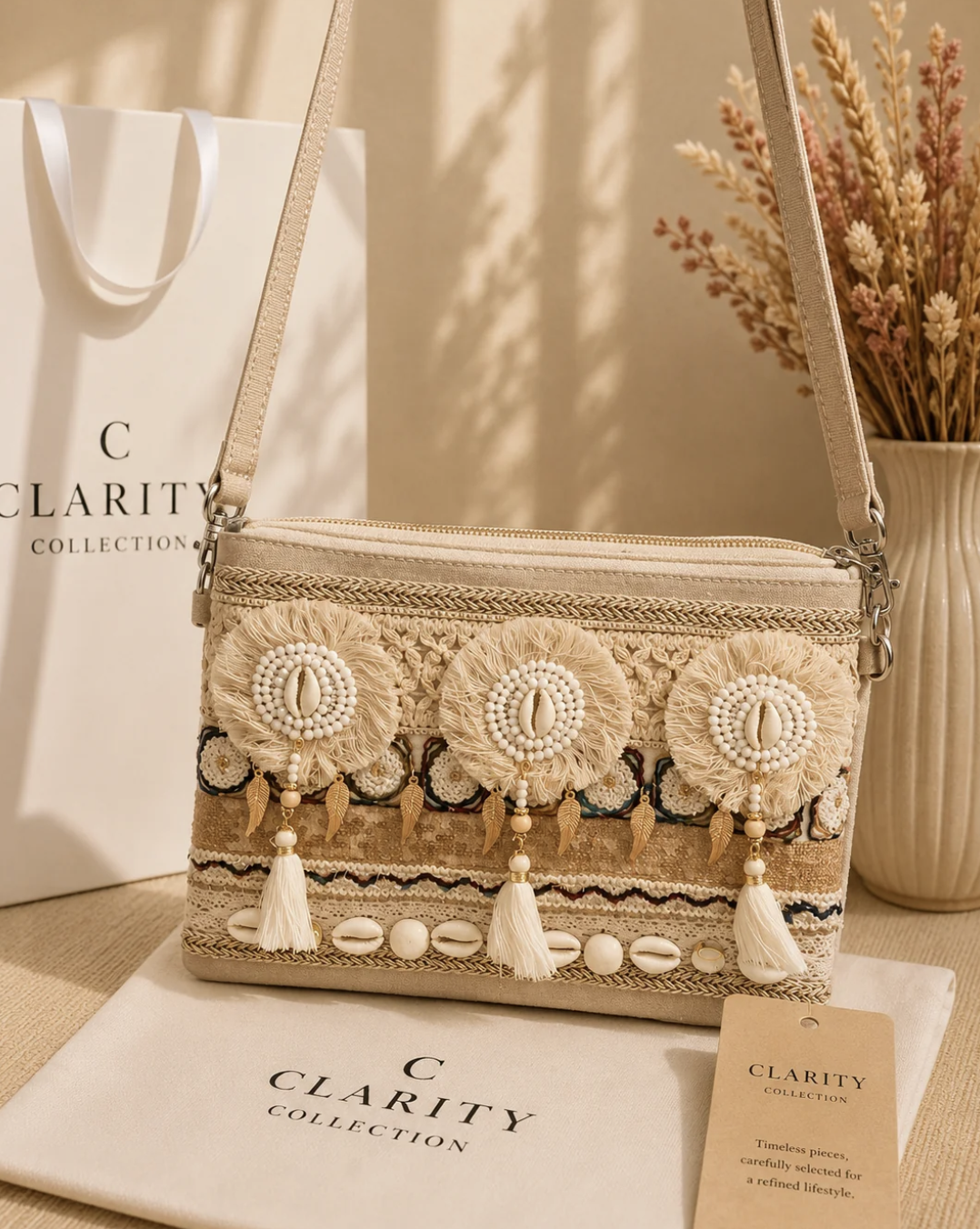 Sac bandoulière bohème beige à coquillages