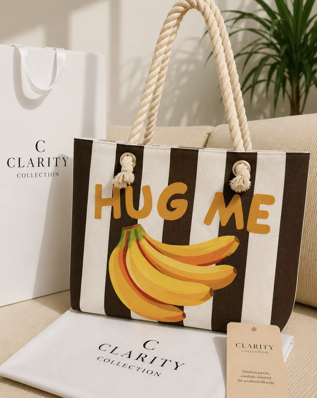 Sac cabas rayé marron et blanc – Bananes