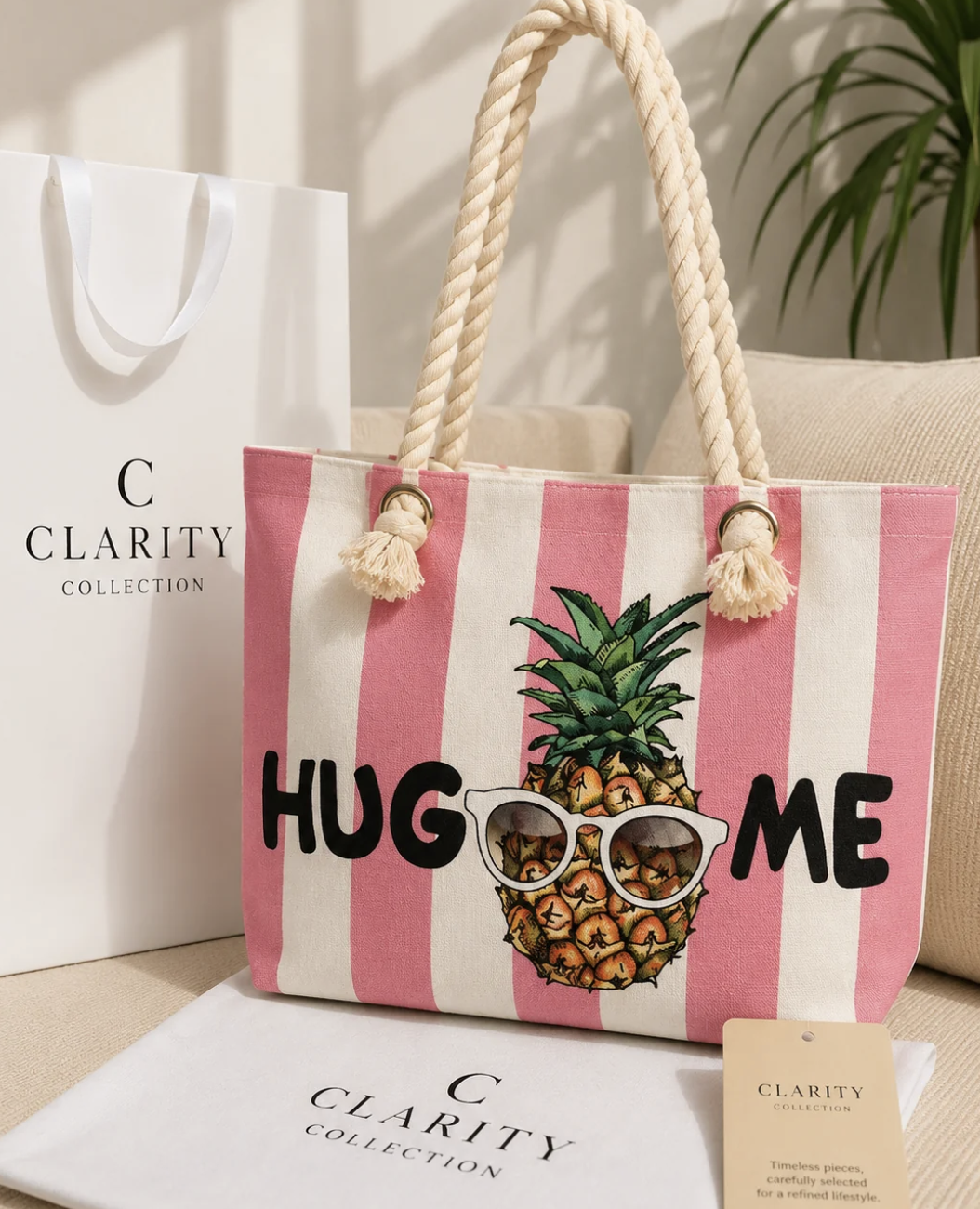 Sac cabas rayé rose et blanc – Ananas