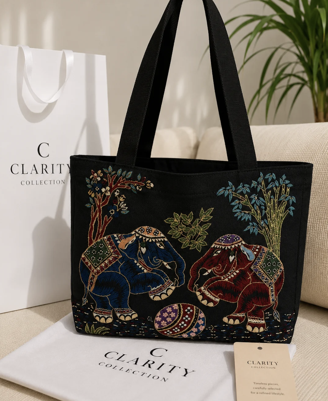 Sac cabas noir motif éléphants colorés