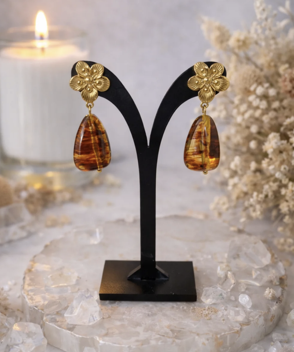 Boucles d’oreilles fleur dorée et ambre