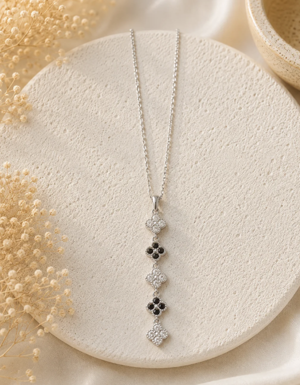Collier en Y Trèfles Noir & Argenté
