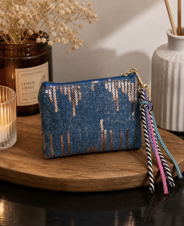 Porte-monnaie bleu jeans à sequins