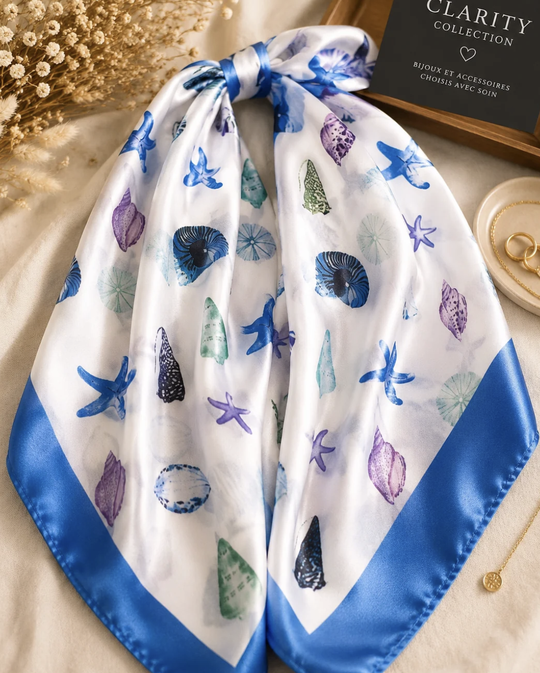 Foulard carré Coquillages bleu