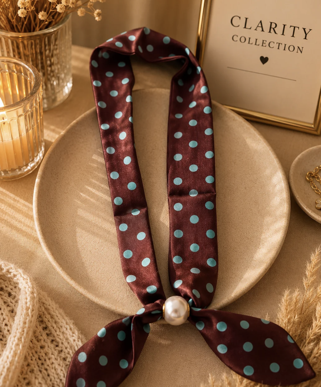 Foulard magnétique à perle – Bordeaux & Pois Turquoise