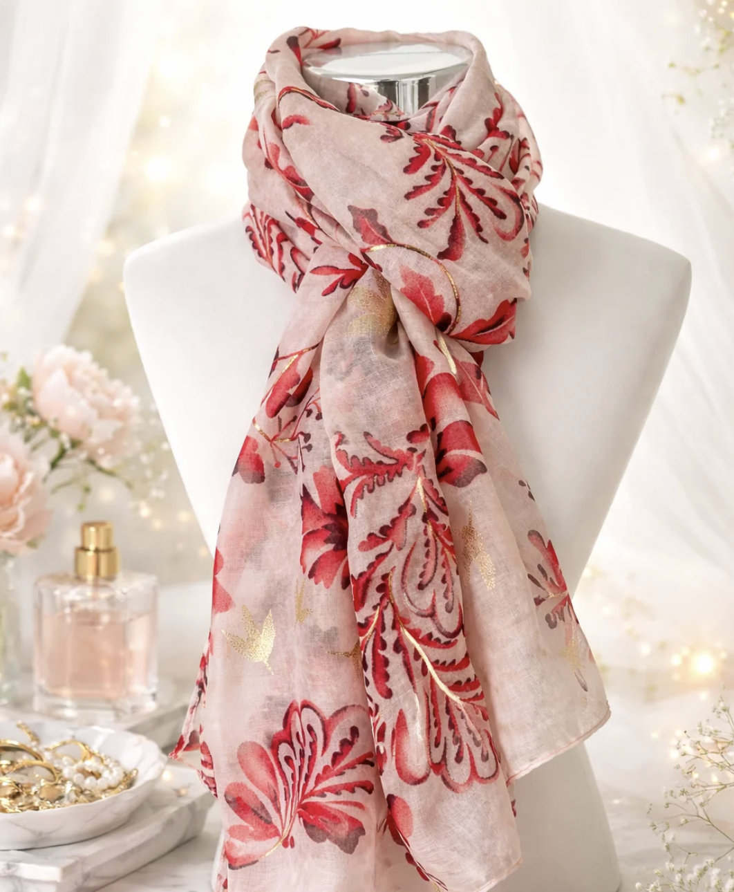 Foulard rose à motifs floraux & détails dorés