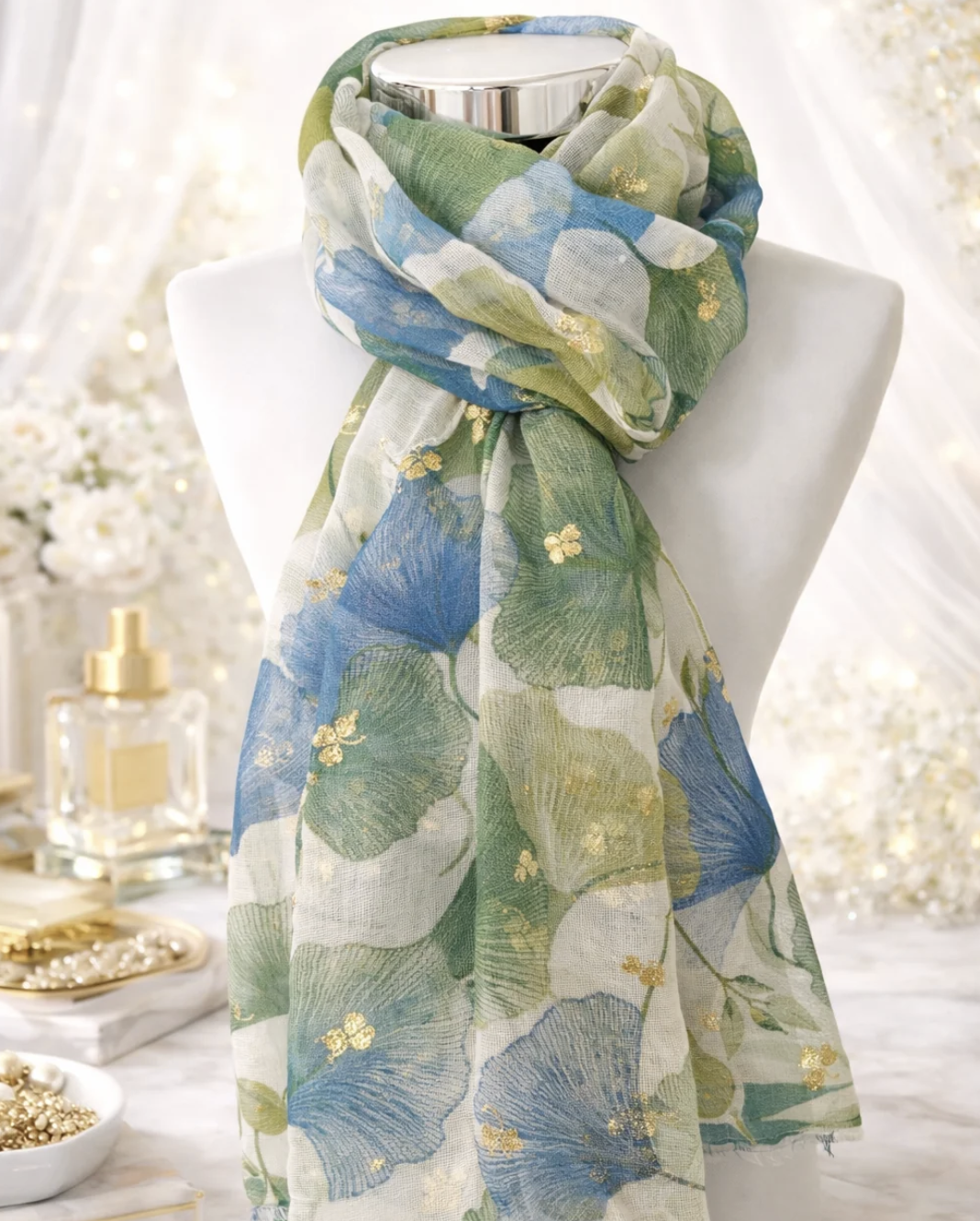 Foulard vert & bleu à motifs floraux dorés