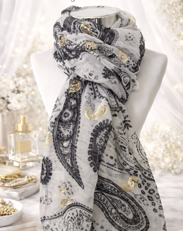 Foulard gris à motifs noirs & dorés