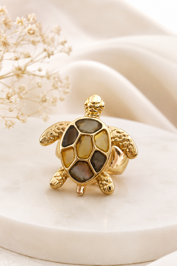 Bague fantaisie Tortue dorée – Effet pierres naturelles