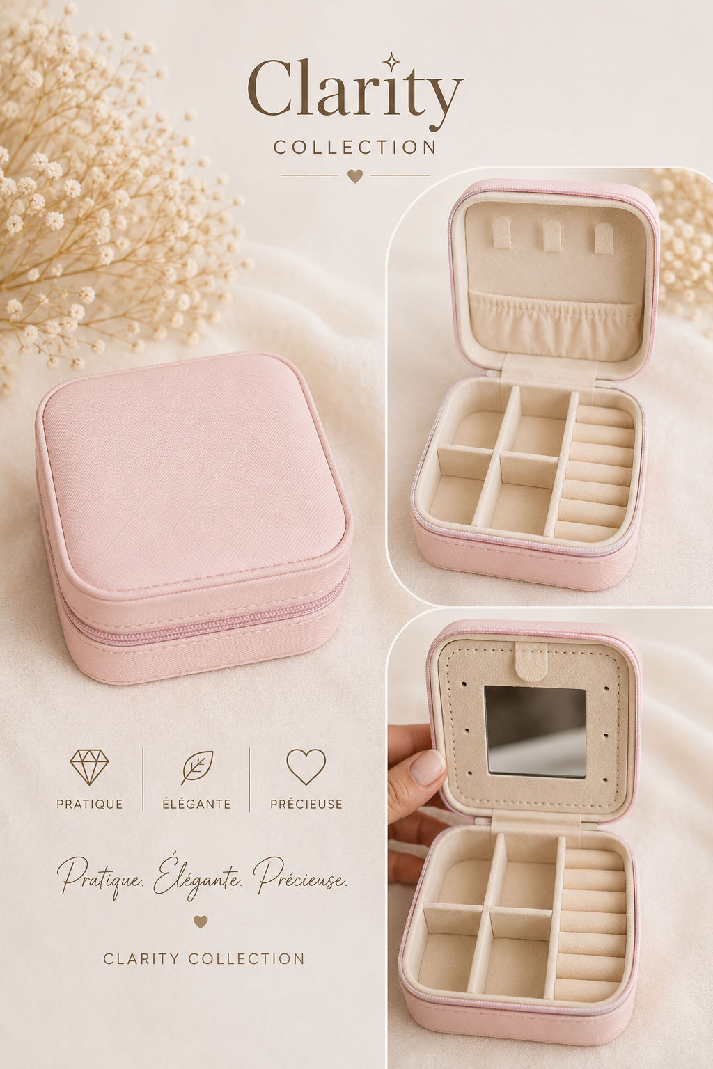 Boîte à bijoux de voyage rose poudré avec miroir