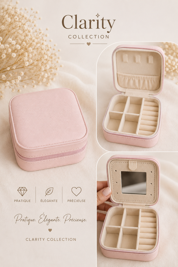 Boîte à bijoux de voyage rose poudré avec miroir