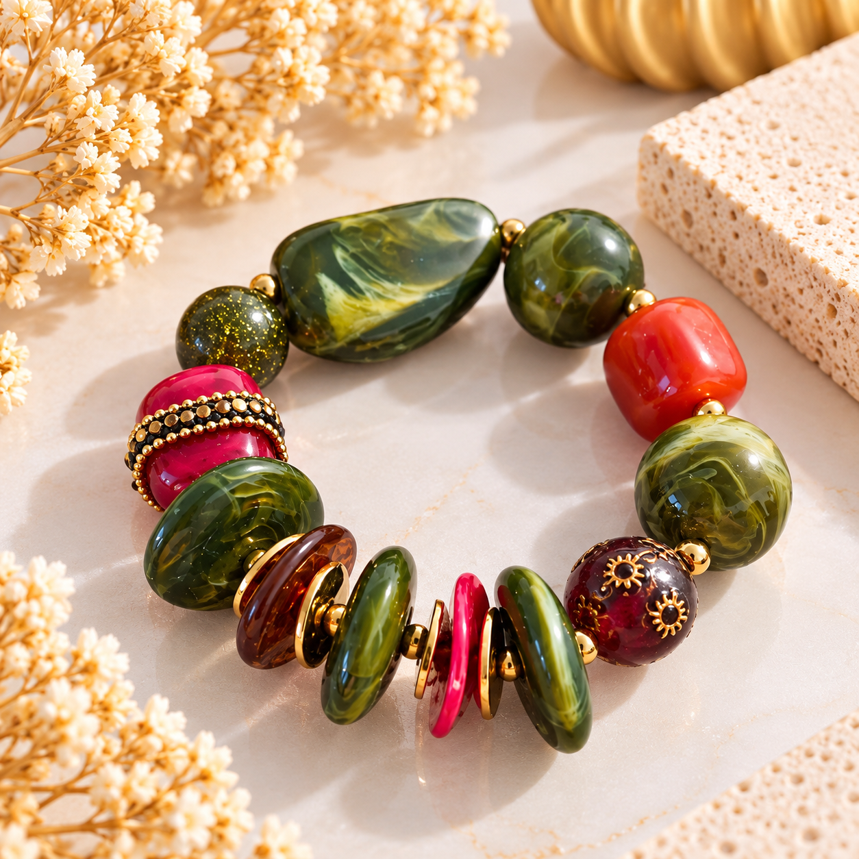 Bracelet Bohème Forêt – Vert, framboise & doré