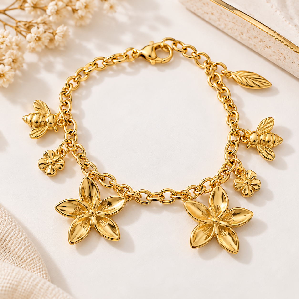 Bracelet doré à breloques fleurs et abeilles