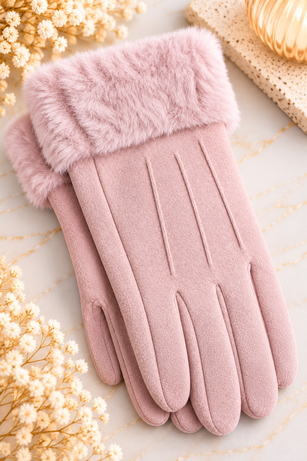 Gants Douceur – Rose poudré & revers fourrure