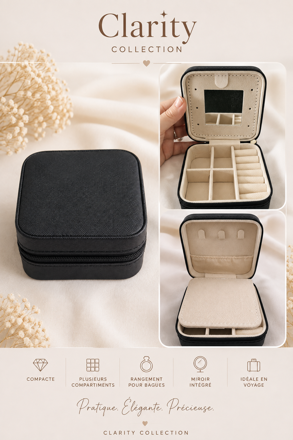 Boîte à bijoux de voyage noire avec miroir