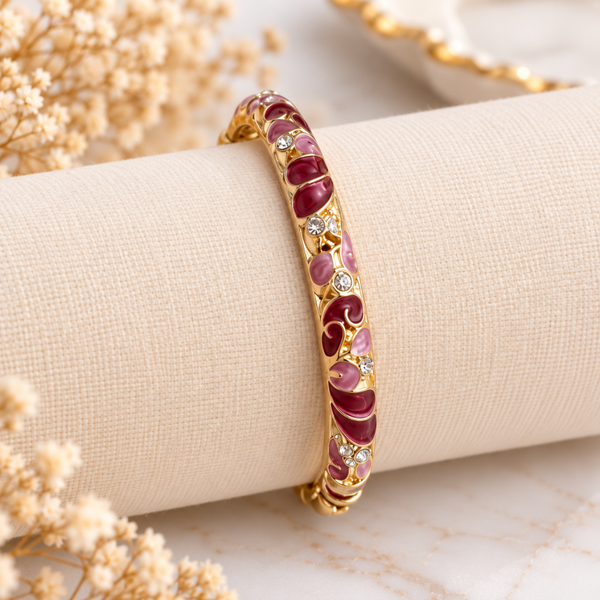 Bracelet jonc doré rose & bordeaux – Éclat fleuri