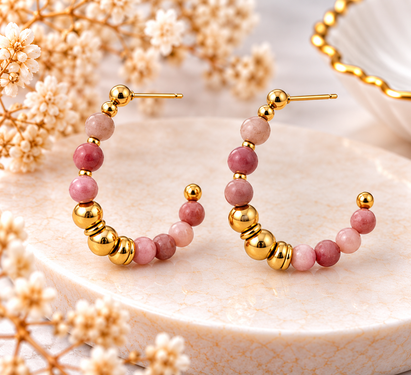Créoles dorées ornées de perles roses
