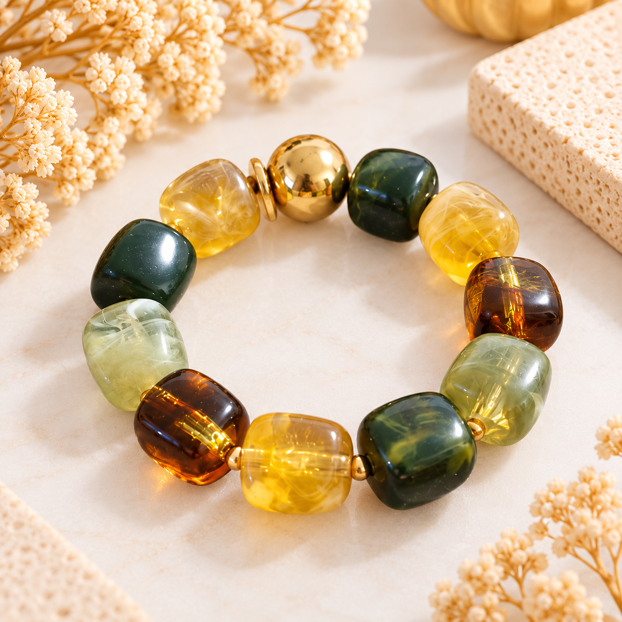 Bracelet Forêt d’Ambre – Perles vertes, jaunes & dorées
