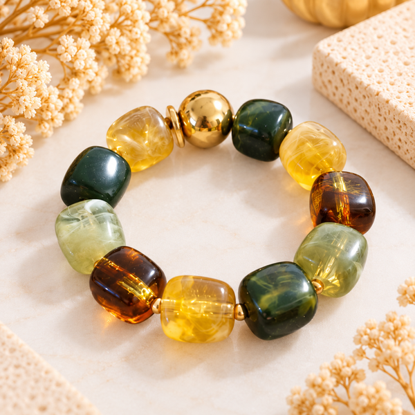 Bracelet Forêt d’Ambre – Perles vertes, jaunes & dorées
