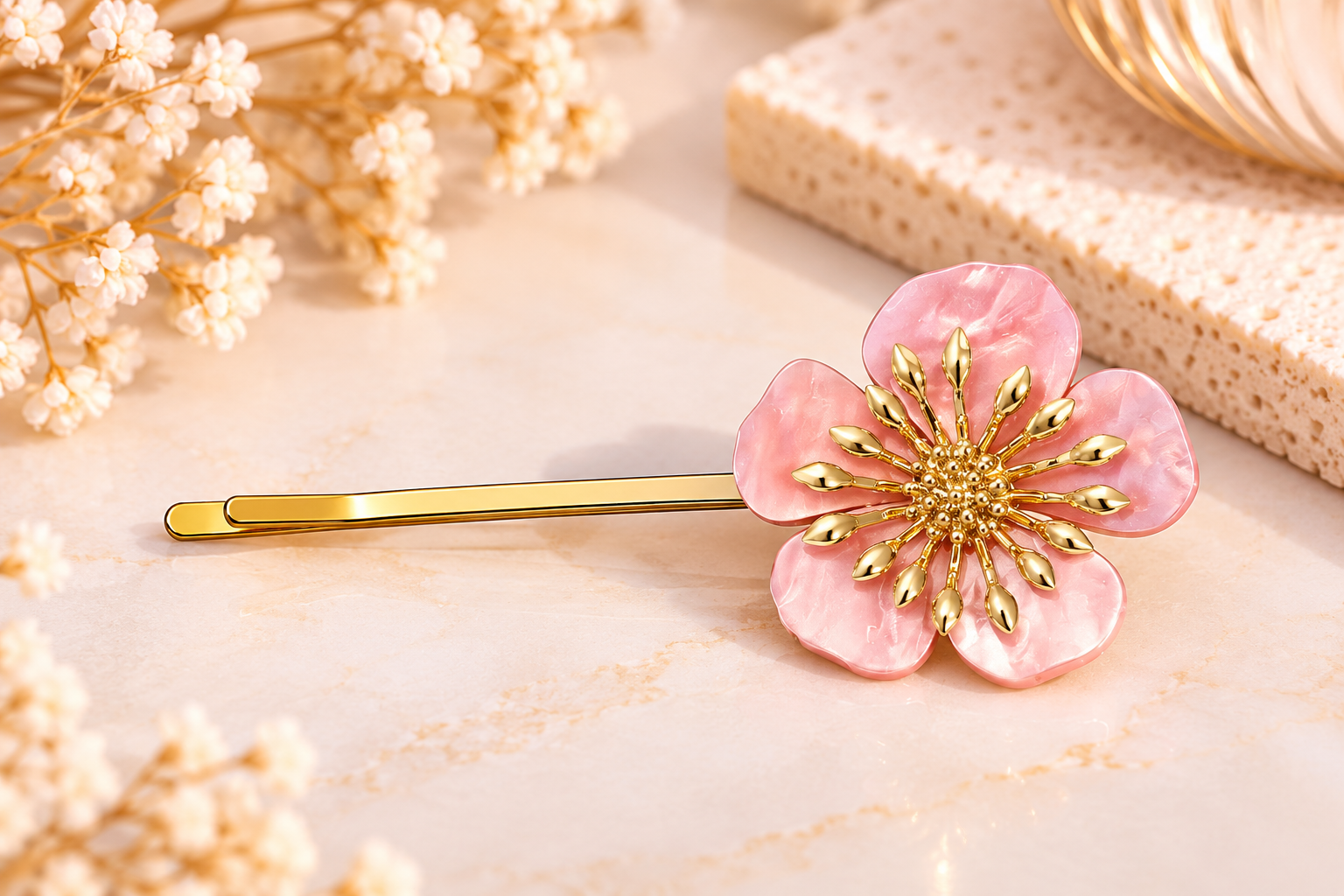 Pince à cheveux Fleur – Rose nacré & doré