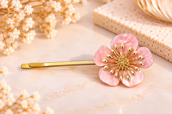 Pince à cheveux Fleur – Rose nacré & doré