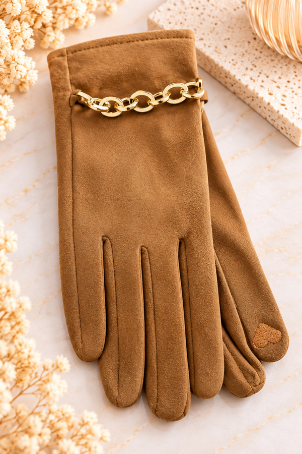 Gants Camel – Chaîne dorée & détail cœur
