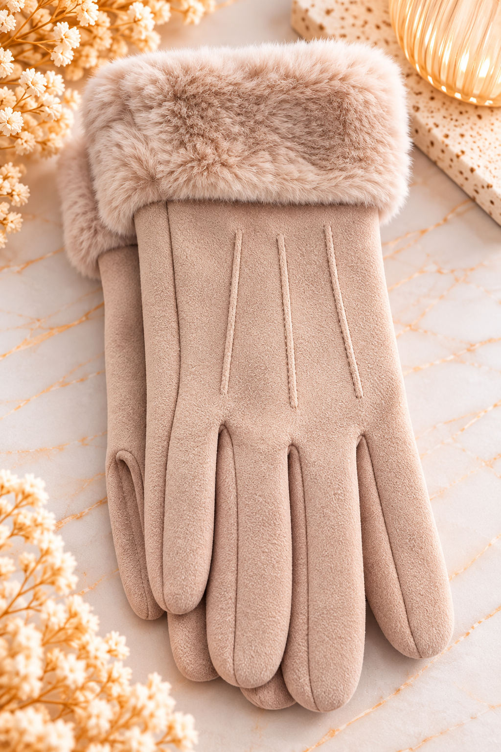 Gants Élégance – Beige rosé & revers fourrure