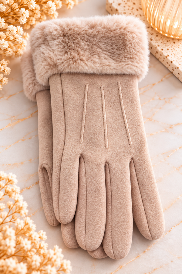 Gants Élégance – Beige rosé & revers fourrure