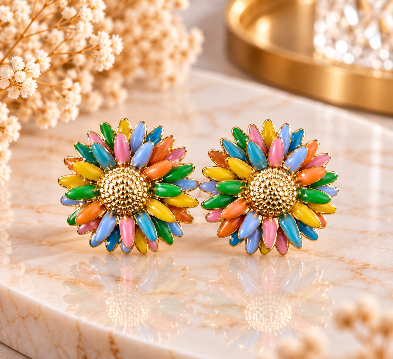 Boucles d’oreilles fleurs multicolores et dorées