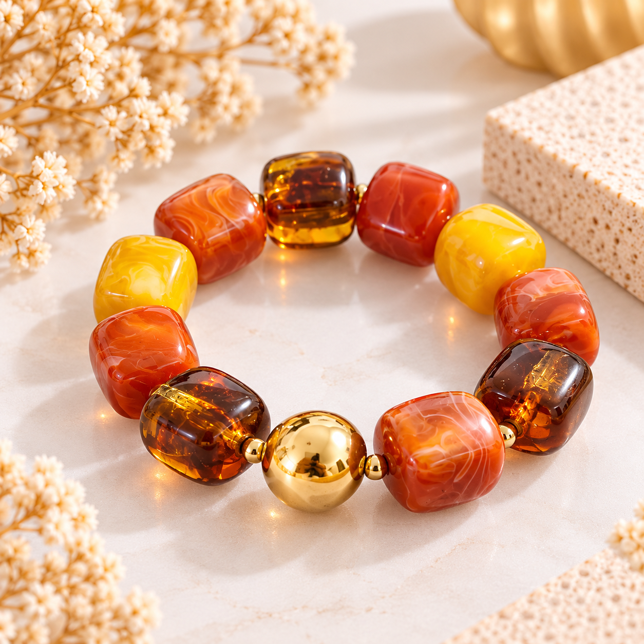 Bracelet Automne – Perles orange, jaune & ambre
