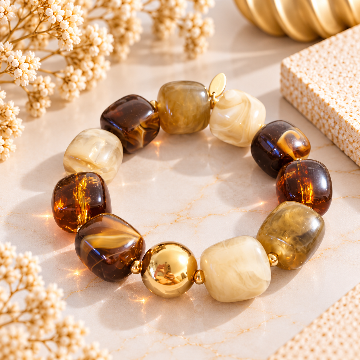 Bracelet Caramel – Ambre, crème & doré