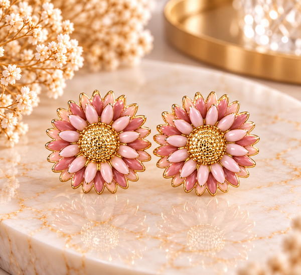 Boucles d’oreilles fleurs roses et dorées