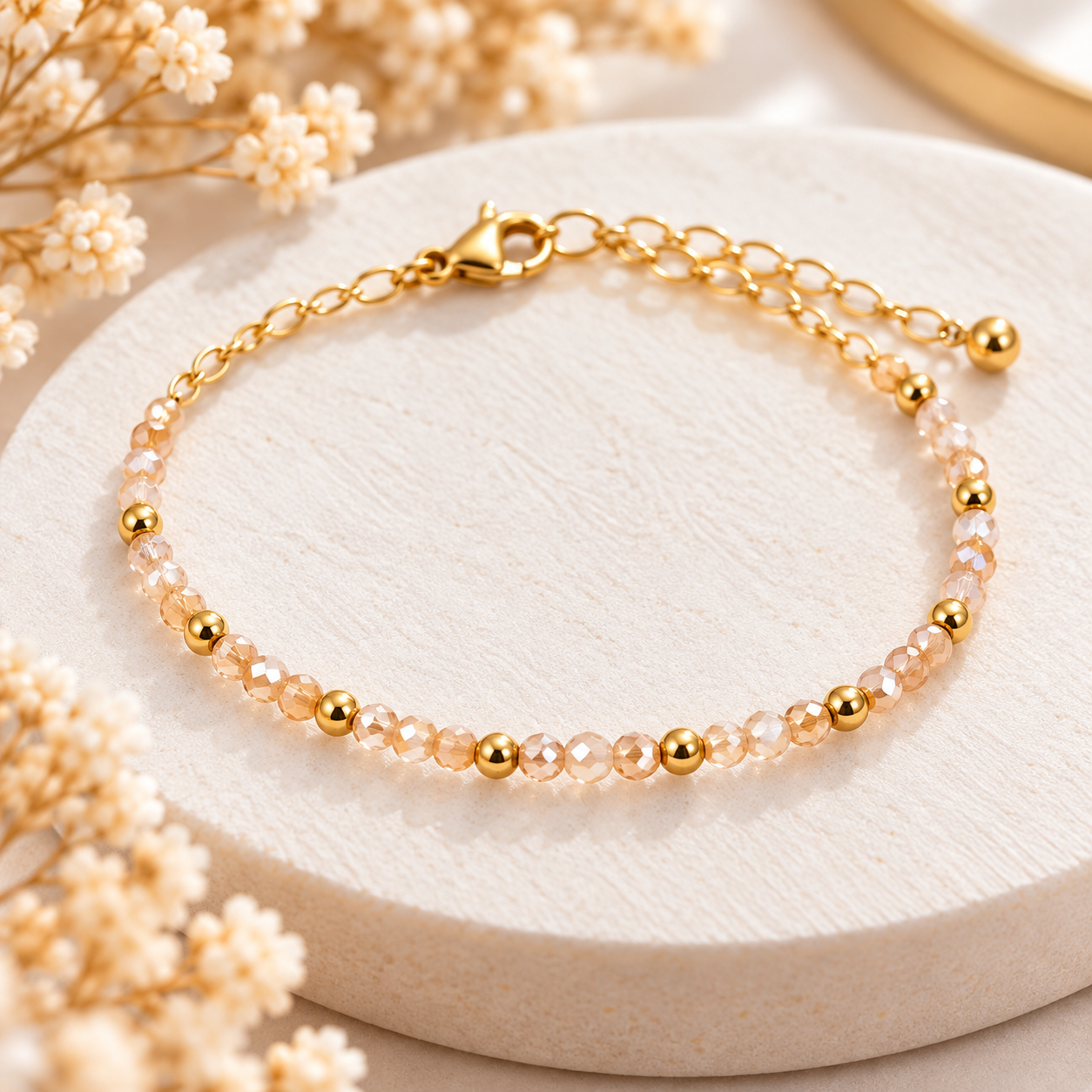 Bracelet doré aux perles facettées champagne