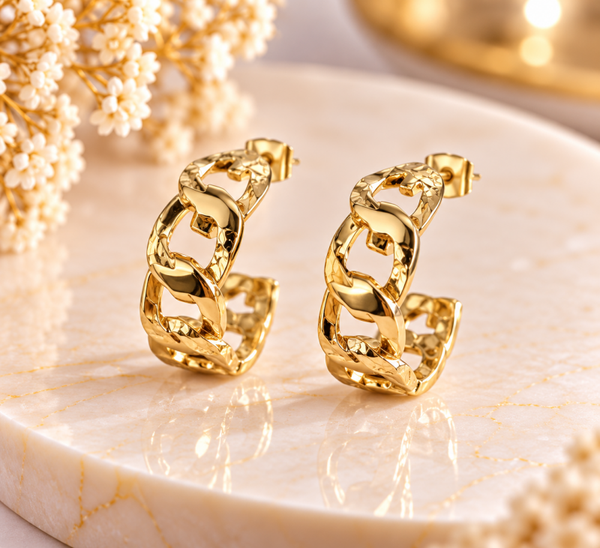 Boucles d’oreilles créoles maillons dorés – Acier inoxydable