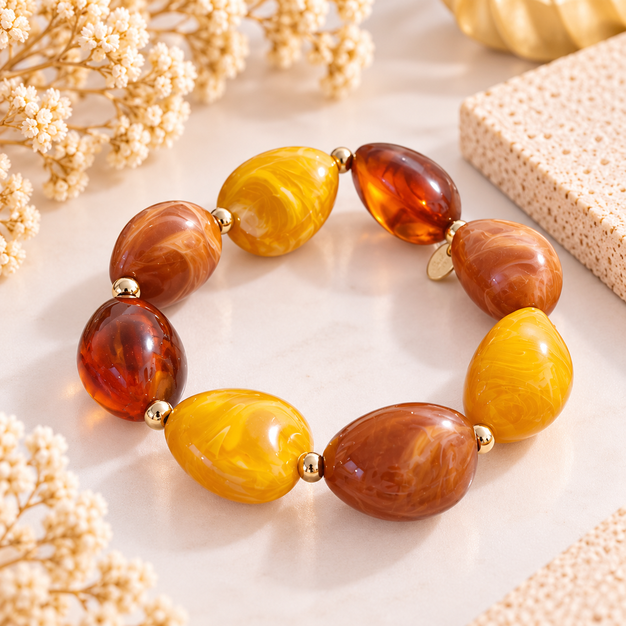 Bracelet Solaire – Perles jaune, caramel & ambre