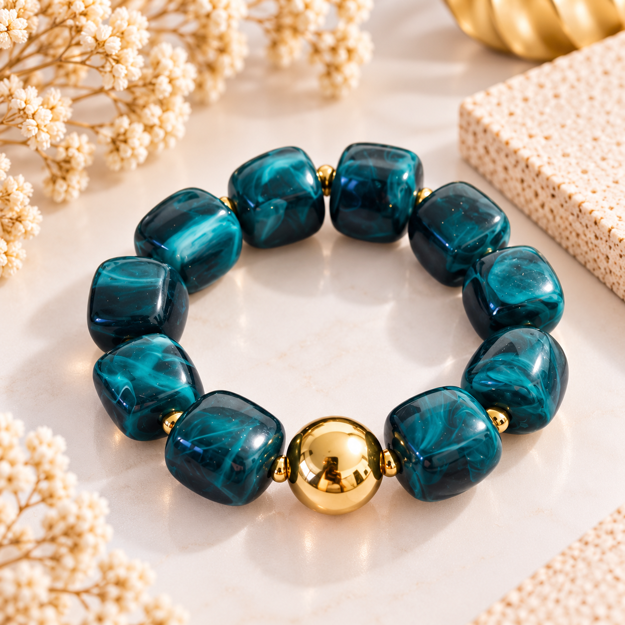 Bracelet Océan – Perles bleu canard & doré