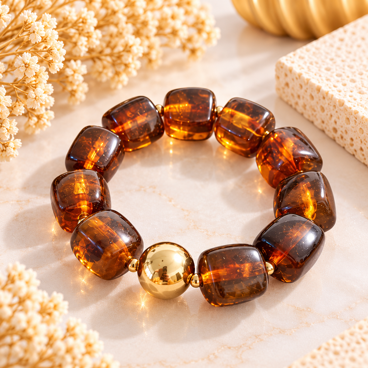Bracelet Ambre – Perles translucides & doré