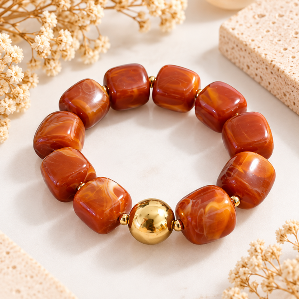 Bracelet Ambre – Perles marbrées & détail doré