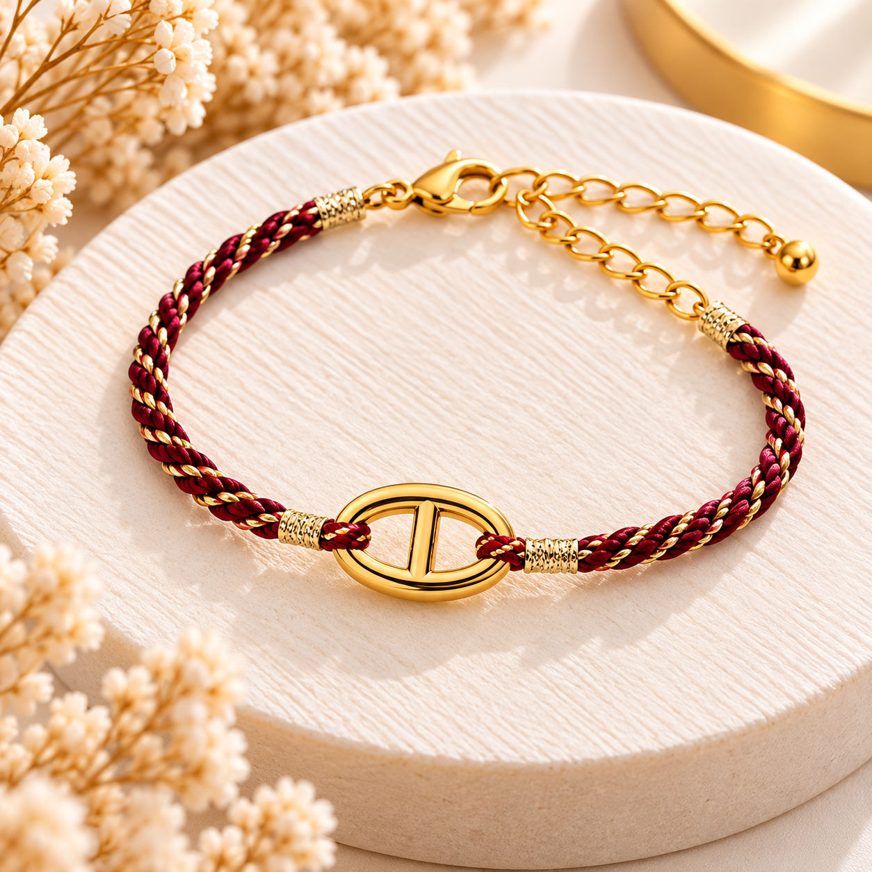 Bracelet cordon bordeaux et doré à maillon ovale