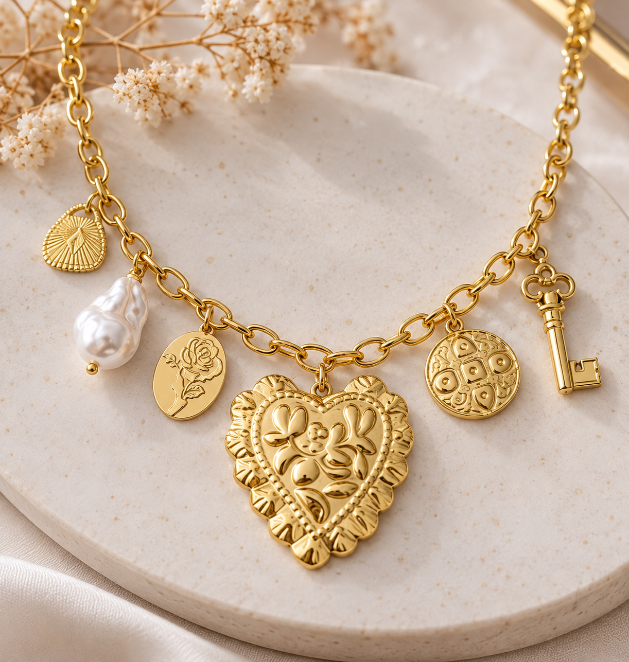 Collier doré Cœur Baroque à breloques
