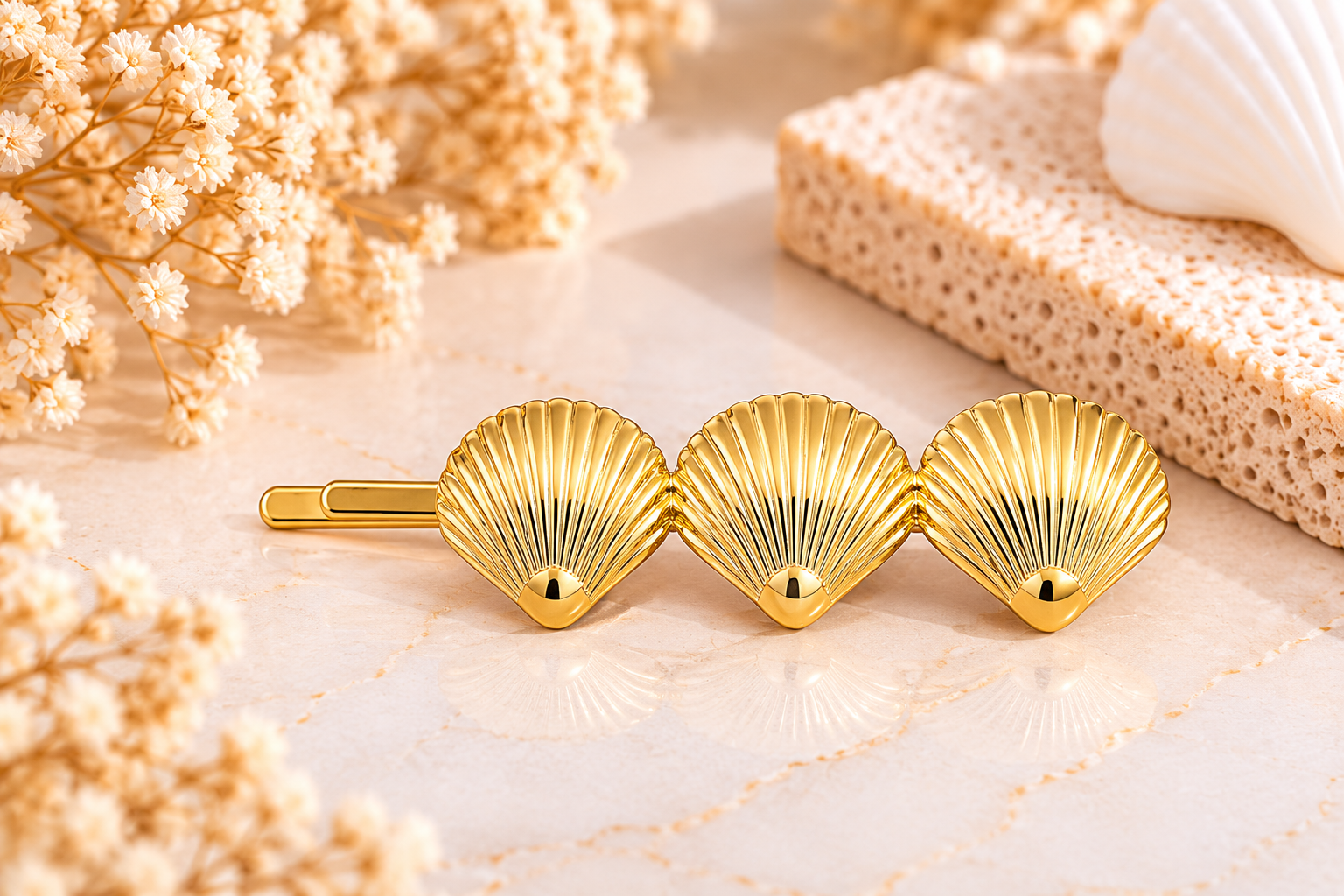 Pince à cheveux 3 coquillages dorée | Clarity Collection