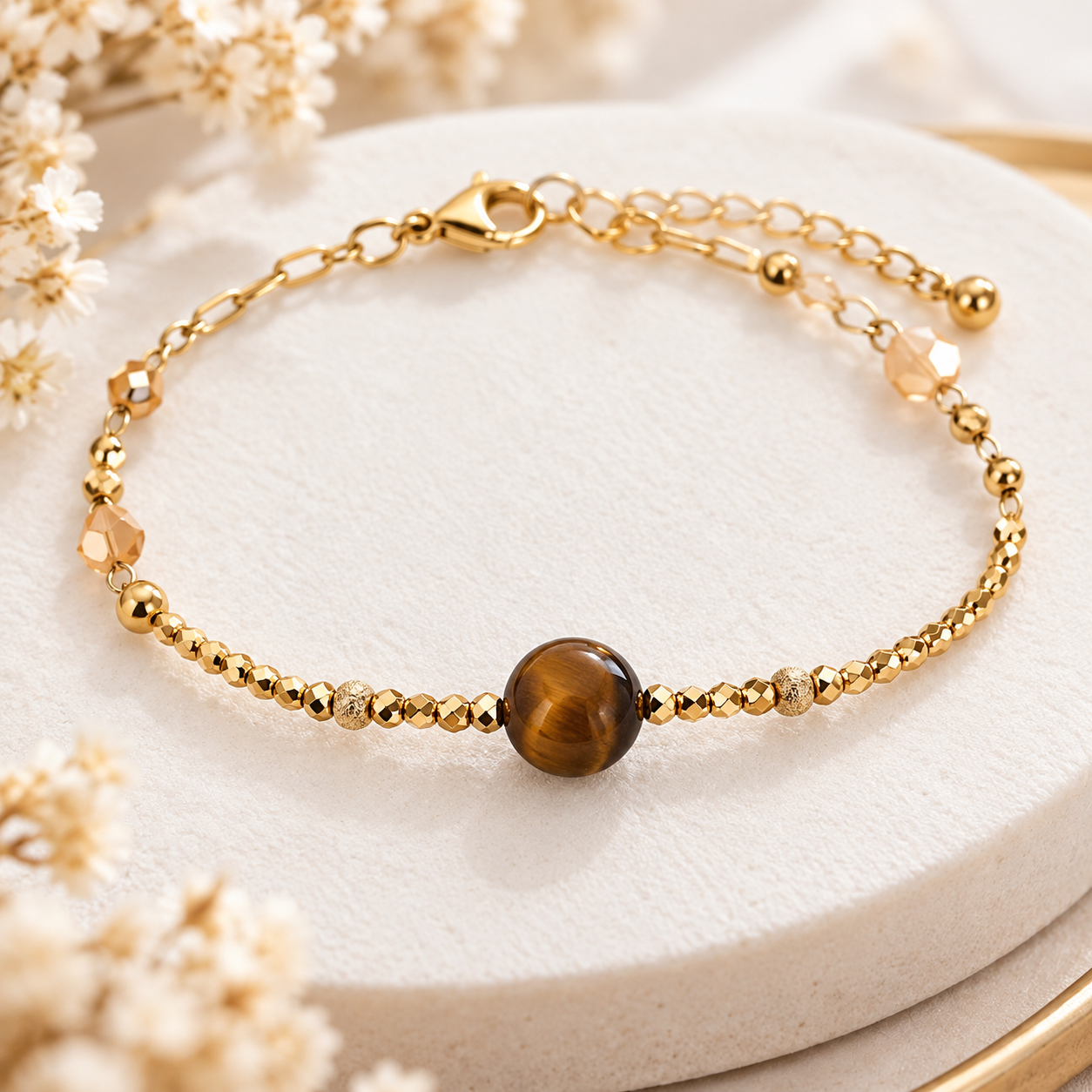 Bracelet doré à perles facettées et pierre marron
