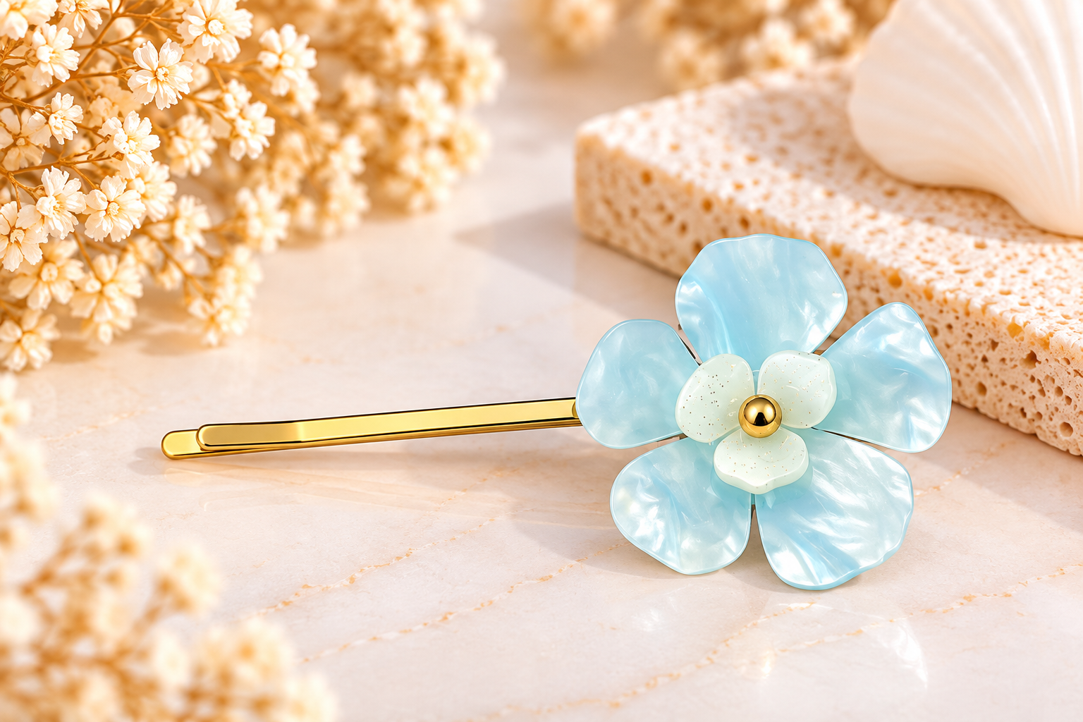 Pince à cheveux Fleur – Bleu ciel nacré & doré