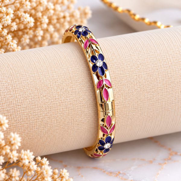 Bracelet jonc doré fleurs bleu nuit & rose