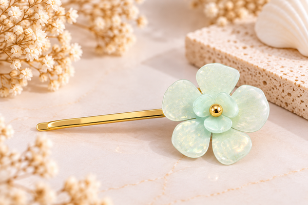 Pince à cheveux Fleur – Vert d’eau & doré
