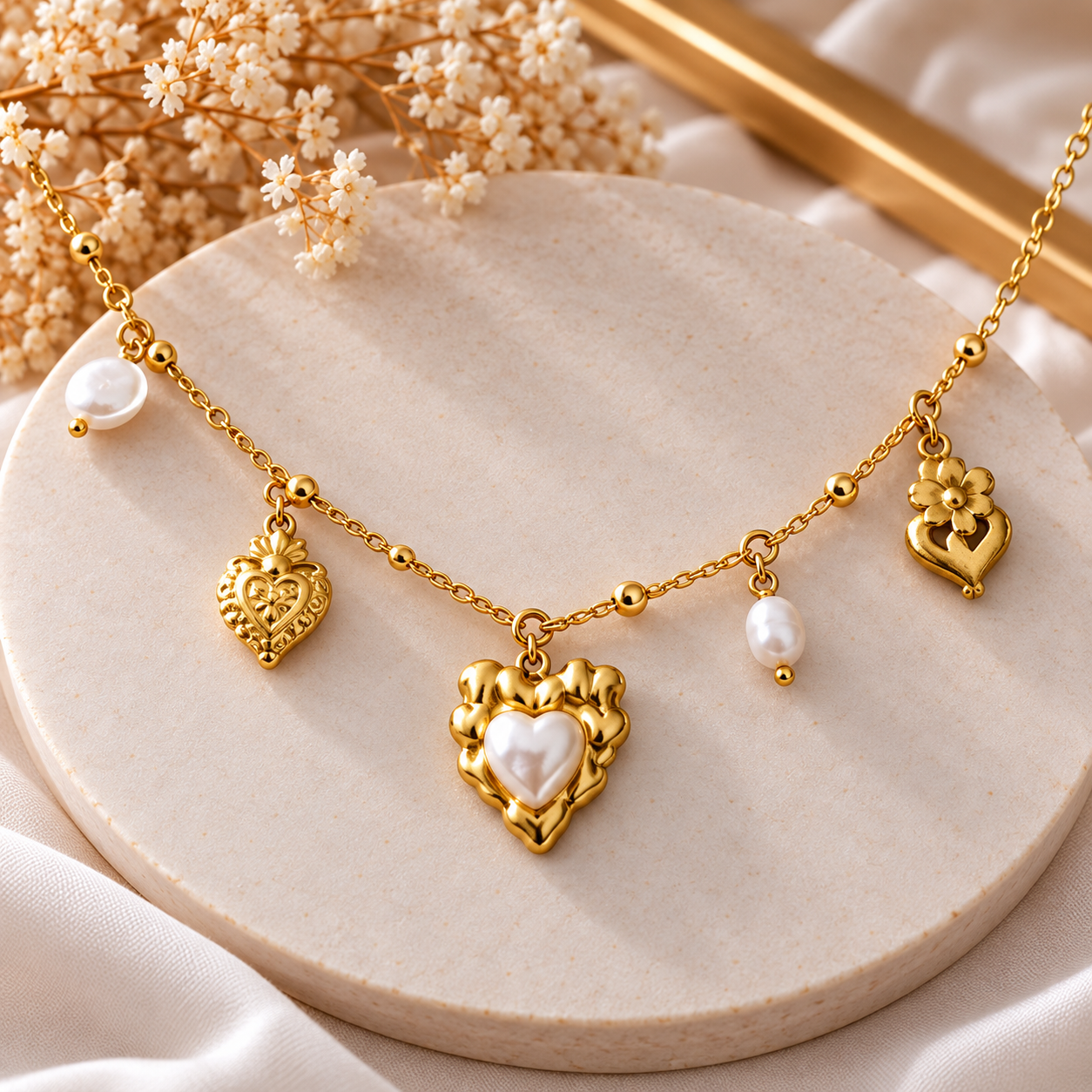 Collier doré Cœur Nacré Romantique
