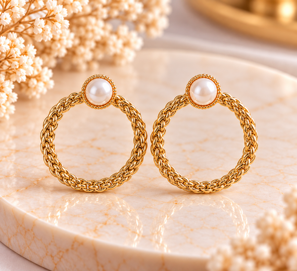 Boucles d’oreilles créoles tressées dorées avec perle – Acier inoxydable