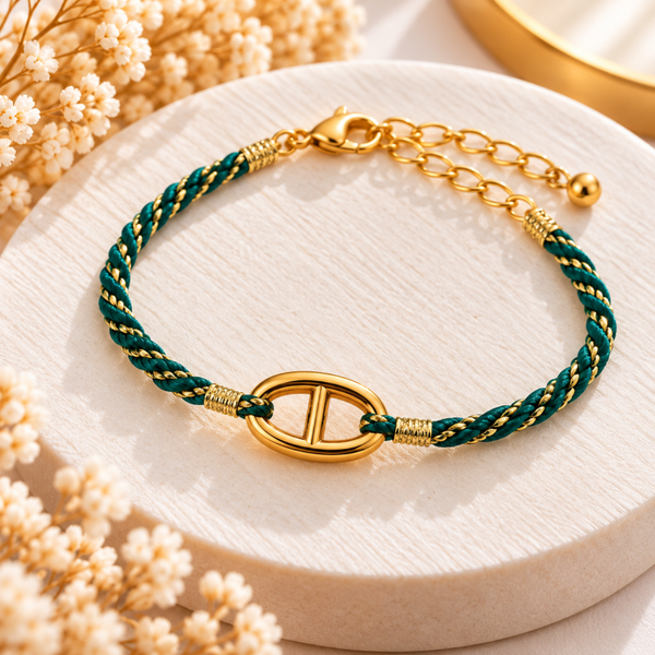 Bracelet cordon vert émeraude et doré à maillon ovale