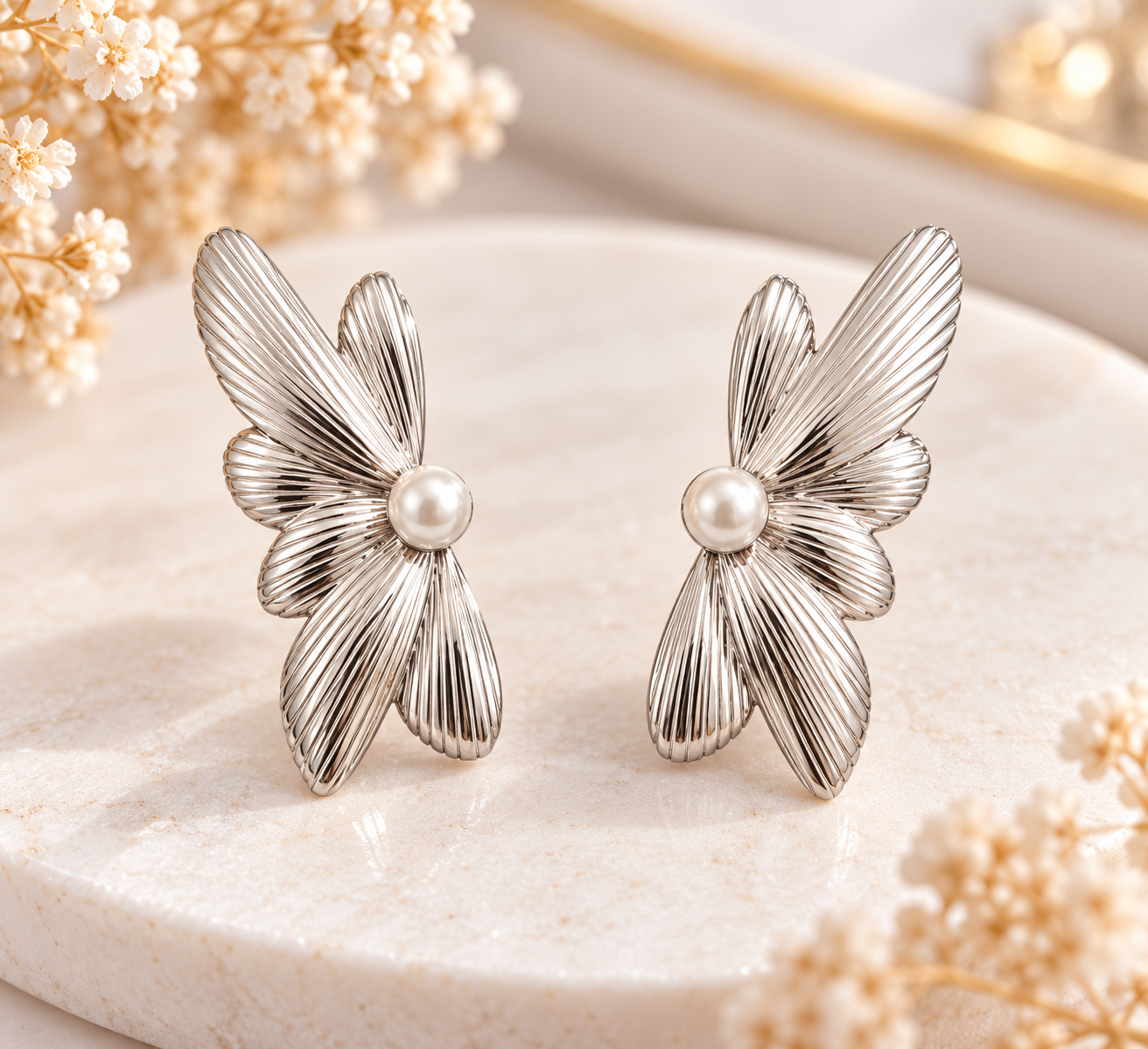 Boucles d’oreilles fleurs argentées avec perle – Acier inoxydable